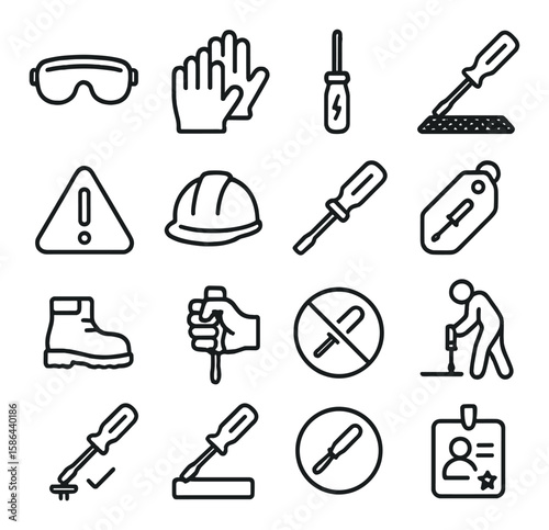 Screwdriver safety icon collection. simple safety tools, goggles, boots, hard hat
