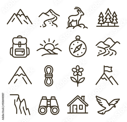 Mountain adventure icon collection. minimalist outdoor, hiking, nature, linear style