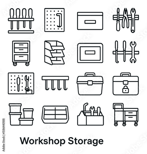 Workshop storage icon collection. organization simple tools: shelf, box, toolbox, rack, drawer