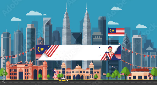 The iconic Petronas Twin Towers stand tall in the city skyline, with the Malaysian flag waving in the foreground at sunset.