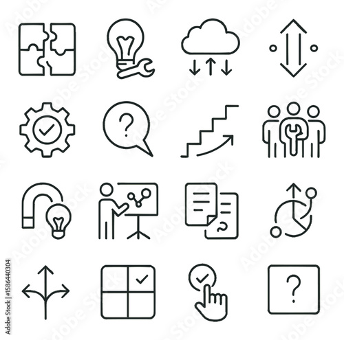 Problem solving icon collection: simple linear set for idea, puzzle, strategy, cloud, check