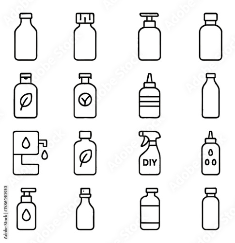 Zero waste icon collection. sustainable living linear icons. bottle, plant, diy, reusable