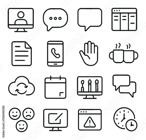 Remote teamwork icon collection. simple linear style. chat, calendar, cloud, phone, coffee, hand
