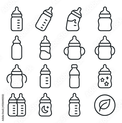 Baby bottle icon collection: minimalistic feeding, milk, formula, sippy, nipple icons