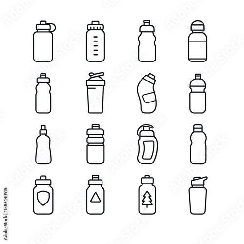 Sports bottle icon collection. minimalist, linear drinkware. bottle, cap, lid, hydration icons.