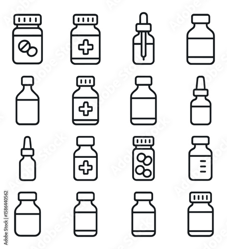 Minimal medical bottle icon collection. simple medicine, dropper, pill, container