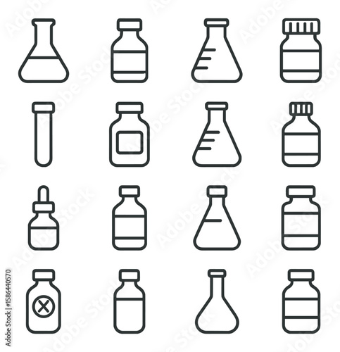 Lab bottle icon collection: minimalist labware, test tubes, beakers, containers, simple