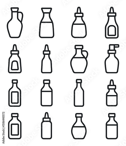 Minimalistic bottle icon collection. kitchen, jar, flask, carafe, jug, dispenser, container linear