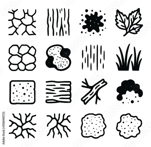 Nature texture icon collection. grunge nature linear icons: leaf, bark, grass, rock, soil
