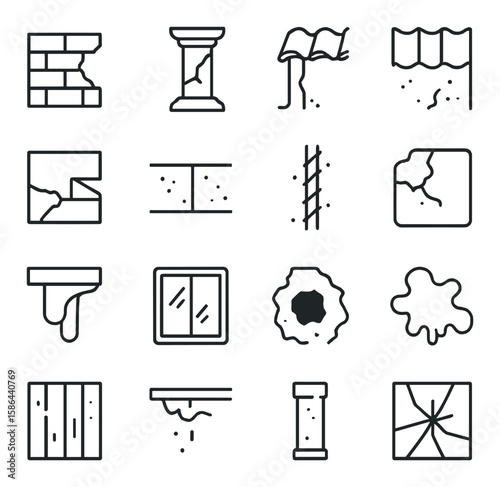 Minimal grunge icon collection. simple grunge, cracked, damaged, corroded, linear