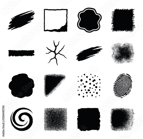 Dark grunge icon collection. simple silhouette icons: brush, frame, spiral, fingerprint, abstract