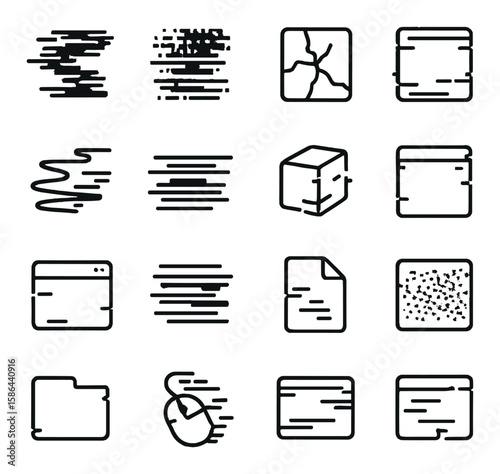 Digital glitch icon collection. simple glitch, mouse, cube, page, folder silhouette