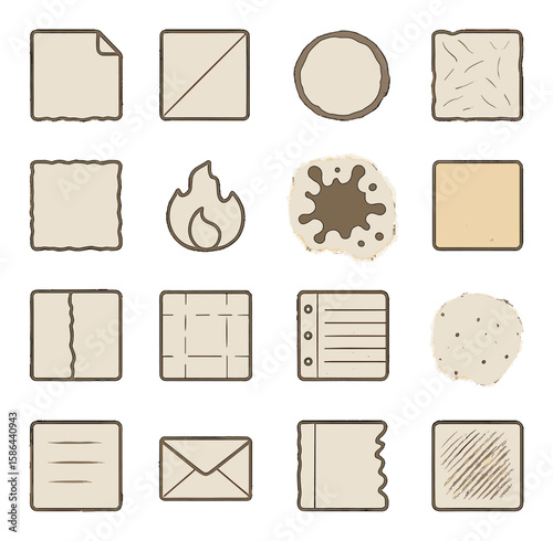Vintage paper icon collection. simple silhouette antique, letter, fire, stain, texture