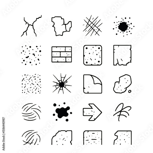 Urban texture icon collection. simple linear designs. brick, crack, splatter, arrow, spot