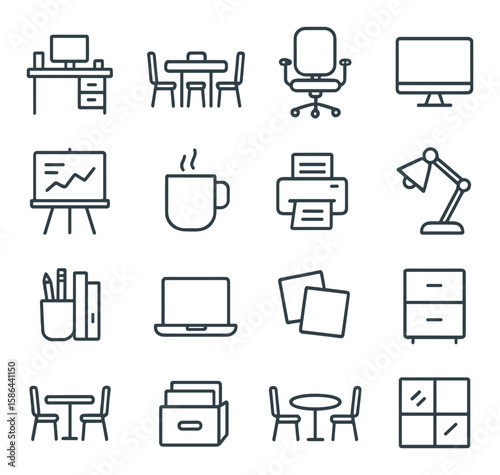 Office icon collection: minimal linear desks, chair, computer, coffee, desk lamp