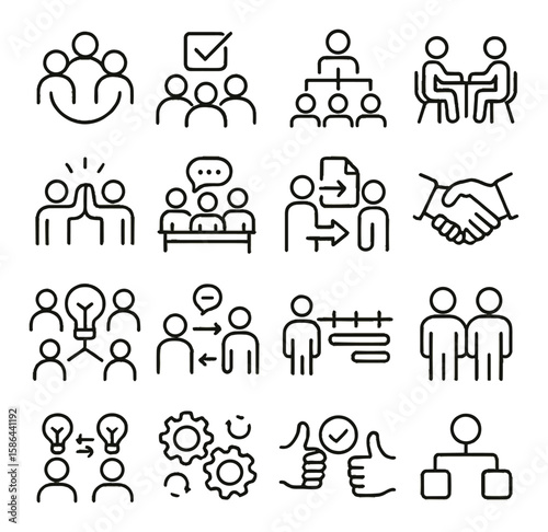 Team collaboration icons collection. simple linear communication, meeting, handshake, checklist