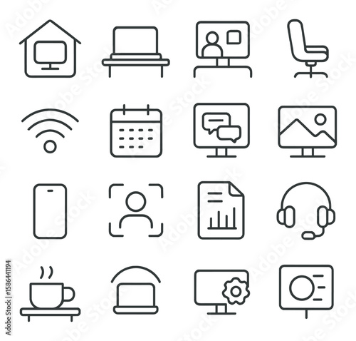 Remote work icon collection. minimalist linear work-from-home icons: laptop, chair, calendar, wifi, headset