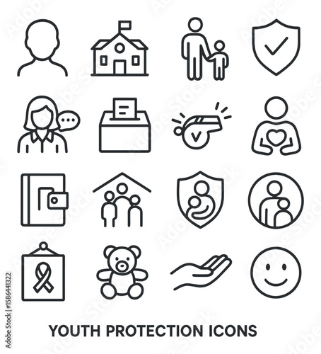 Youth safety icon collection. simple protection icons: school, family, shield, whistle, smile, heart, teddy, ribbon