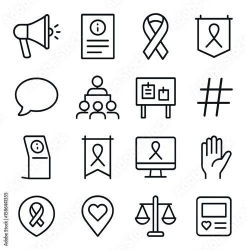 Awareness icon collection. simple, linear symbols: ribbon, megaphone, scale, group, speech bubble