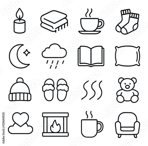 Comfort icon collection: cozy line art icons. candle, blanket, cup, socks, moon, rain, book, pillow,