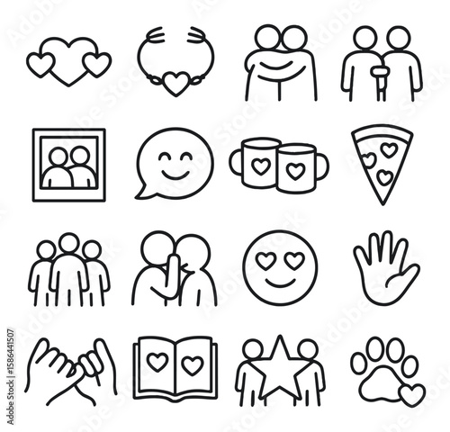 Friendship icon collection: simple linear style. heart, hug, family, smile, coffee, pizza, book icons.