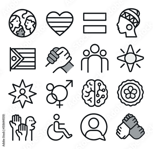 Diverse support icon collection. symbolic equality, community, inclusion, disabled, brain, heart linear