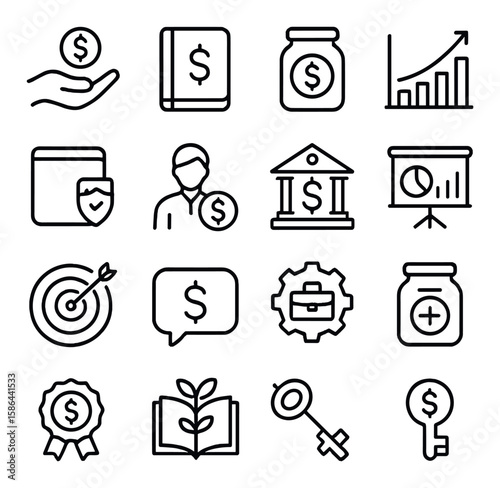 Financial empowerment icon collection: simple line style icons for money, growth, bank, and business