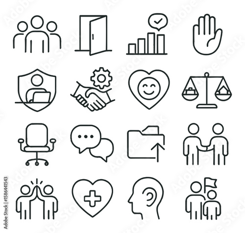 Minimalist workplace icon collection. office, people, charts, settings, communication, linear
