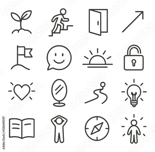 Personal growth icon collection. simple life improvement, motivation, success, silhouette