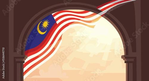 A Malaysian flag can be seen waving through an arch-shaped window, representing a dynamic sense of freedom and national pride