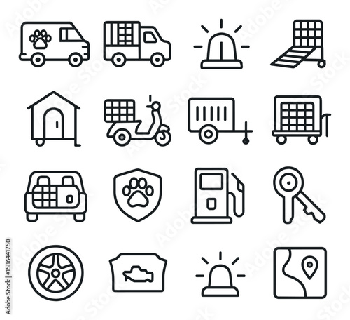 Animal control icon collection: simple pet, rescue, shelter, emergency, vehicle