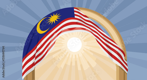 A Malaysian flag can be seen waving through an arch-shaped window, representing a dynamic sense of freedom and national pride