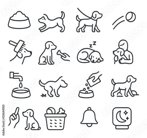 Minimalistic pet routine icon collection. simple pet care, feeding, walking, play, sleep, training