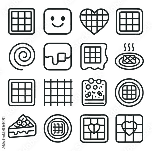 Waffle icon collection: delicious breakfast linear icons. waffle, smile, heart, syrup, pie