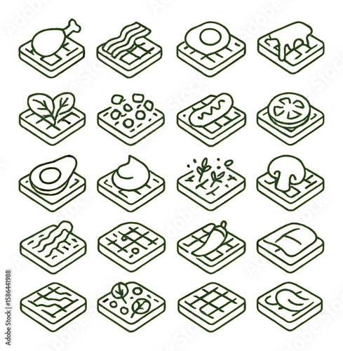 Savory waffle icon collection. breakfast toppings simple waffle, bacon, egg, cheese, avocado