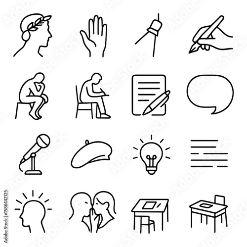 Poetic professions icon collection: simple line art of poet, writer, speaker, microphone, desk