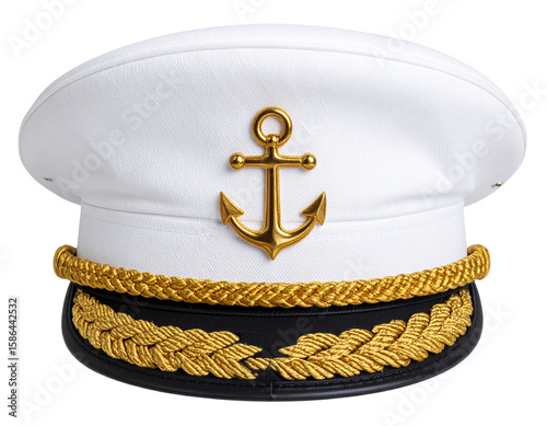 Crisp white naval captain’s hat adorned with a polished golden anchor insignia