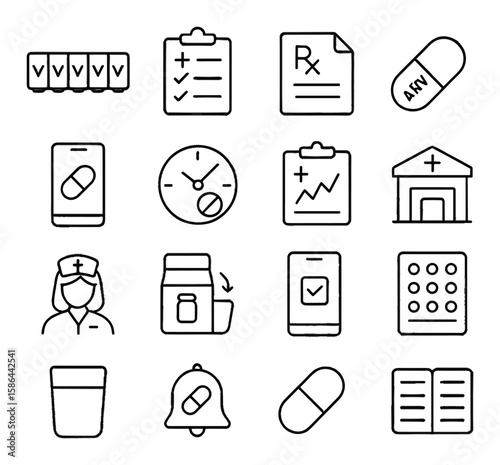 Medical icon collection. simple linear health symbols: capsule, nurse, hospital, prescription, and more