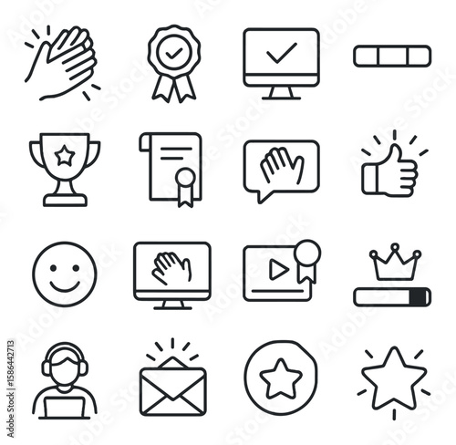 Minimalist learning icon collection. education, award, computer, clap, star, video, crown silhouette