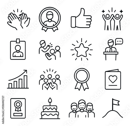 Employee recognition icon collection. simple line icons: award, applause, badge, cake, trophy, growth, leader