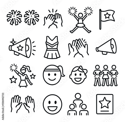 Cheerleading icon collection. minimalist cheer symbols, flags, pom-poms, megaphone, smiley, team, cheerleader, clapping, flat