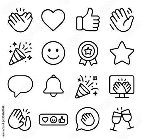 Minimalist emoji icon collection: simple linear smile, heart, clap, bell, star, chat