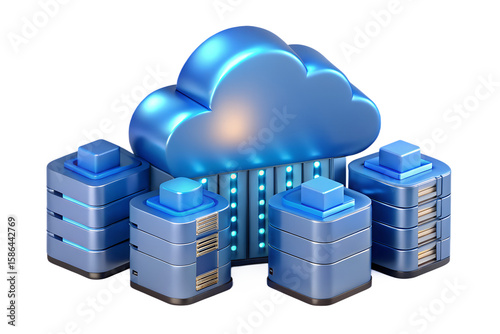 A blue cloud above blue server towers with blue lights indicating data transfer on a black background on transparent background