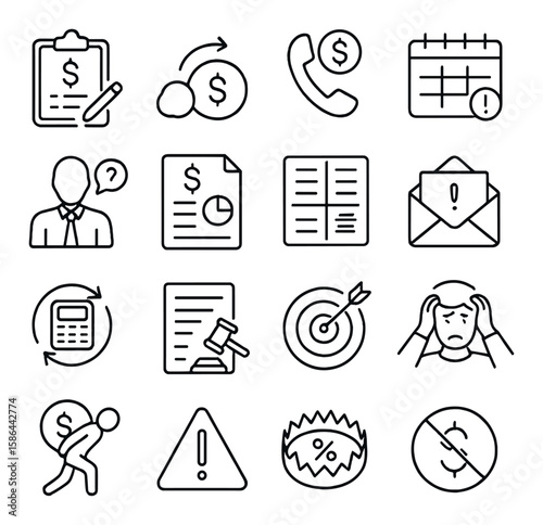 Debt management icon collection. financial planning, budgeting, savings. simple linear