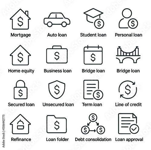 Minimalist loan icon collection: simple linear loan, mortgage, auto, student, approval, debt