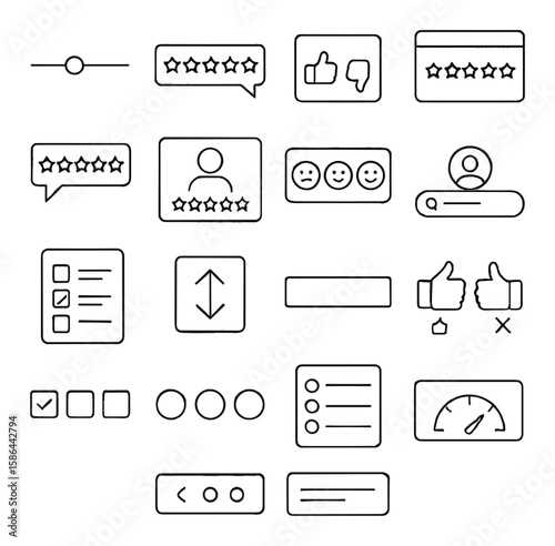 Rating icon collection. minimalist linear styles for feedback, stars, thumbs up, user, gauge