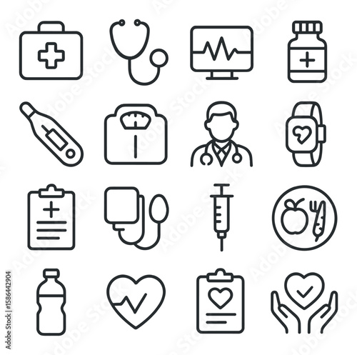 Healthcare icon collection. simple medical symbols: stethoscope, syringe, heart, doctor