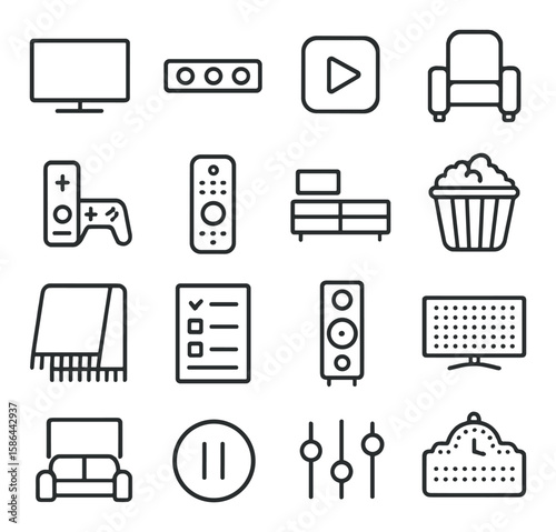 Home entertainment icon collection. linear design: tv, remote, console, sofa, speakers, popcorn, media