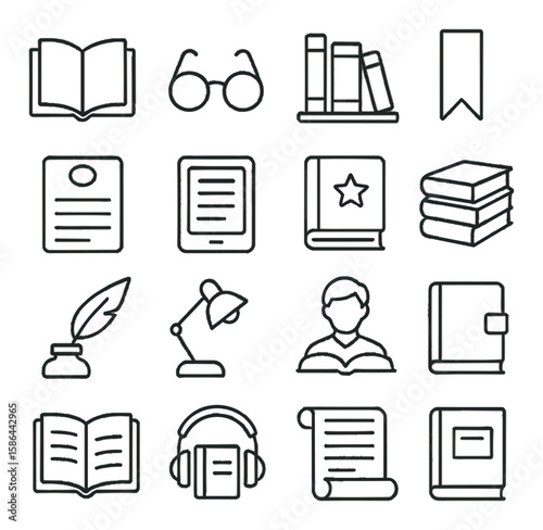 Reading icon collection. simple linear icons: book, glasses, bookmark, paper, tablet, reading