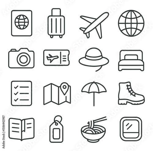 Travel icon collection: minimal linear travel icons. passport, bag, airplane, world, camera, ticket, hat